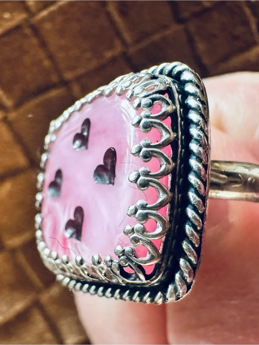 Pink DICE Heart Inlay Silver Statement Ring - Women Jewelry
